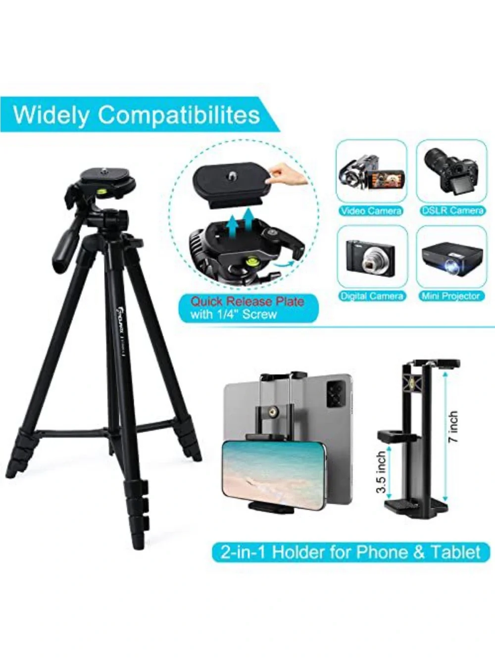 Black Camera Tripod with Phone Mount & Remote